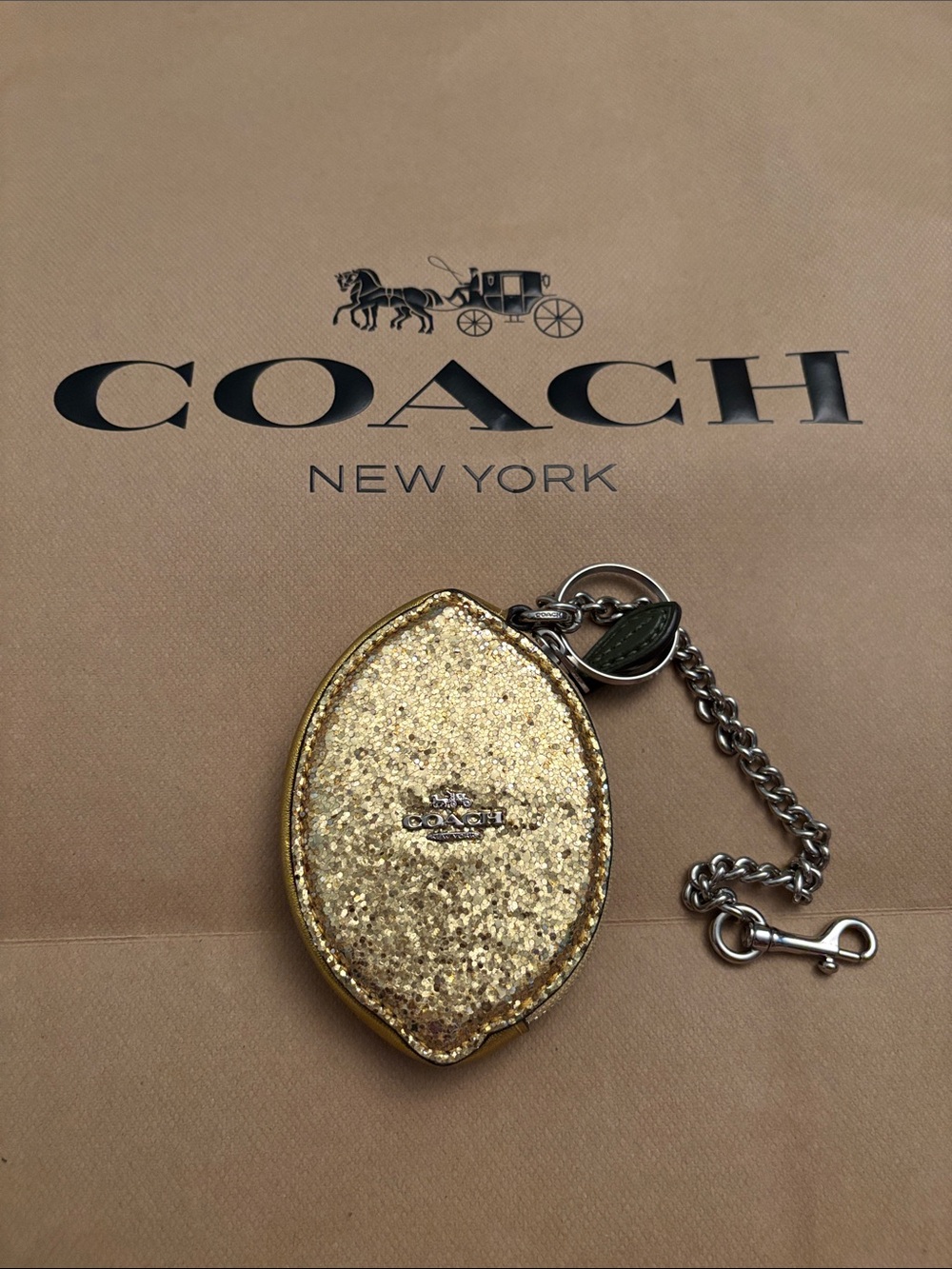 Coach Gold Glitter Leather Key & Card Holder with Chain